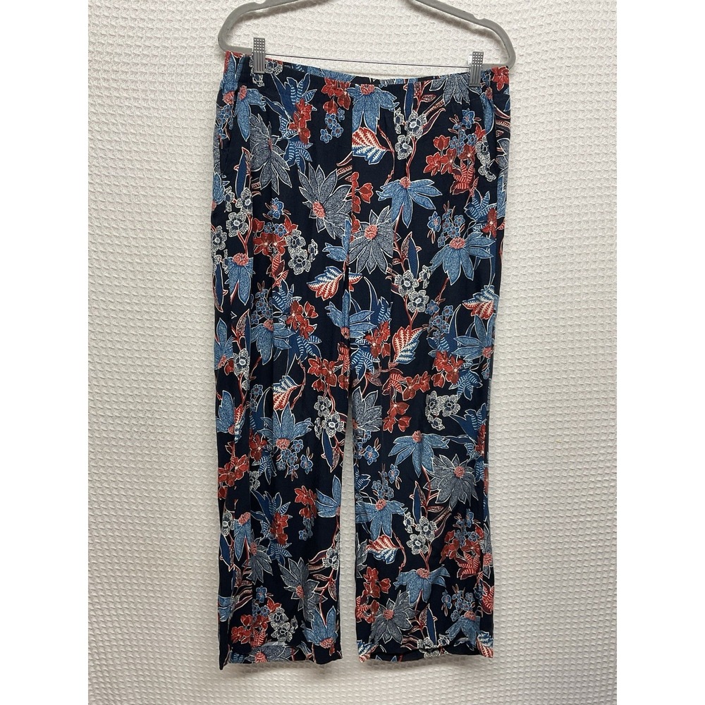 J Jill Cropped Capri Pants Womens LT Pull-On Elastic Waist Blue Floral Rayon